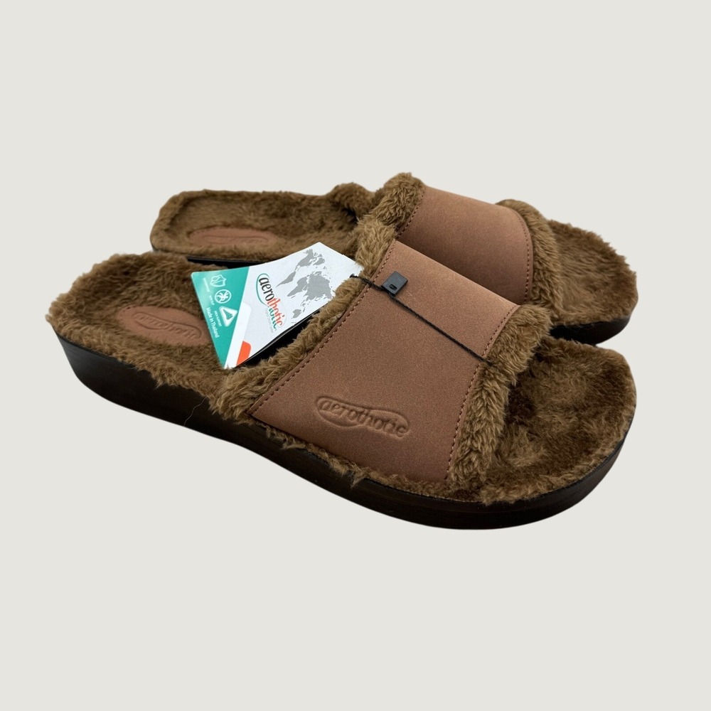 Aerothotic Faux Fur Slide Slippers Size 8 Brown New Cozy Orthotic Comfort Lounge